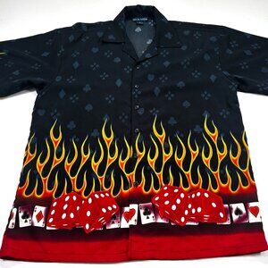 Vintage Oscar Misa Shirt Men's M Black Flames Dice Y2K Casino Camp Hype